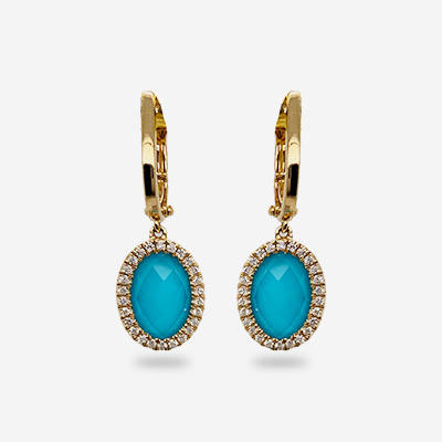 18KT Yellow Gold Clear Quartz over Turquoise and Diamond Halo Earrings
