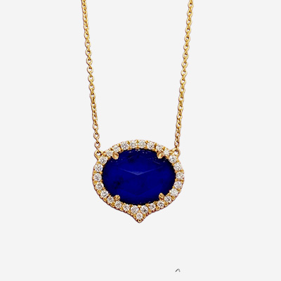 18KT Yellow Gold Clear Quartz Over Lapis and Diamond Necklace