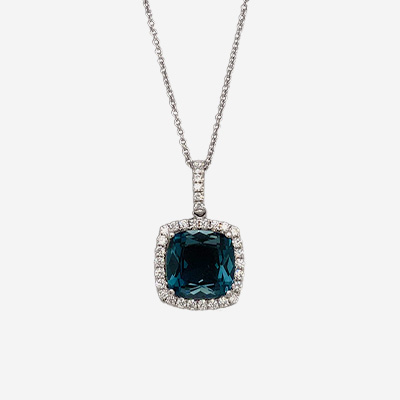 18KT White Gold Blue Topaz Diamond Halo Pendant