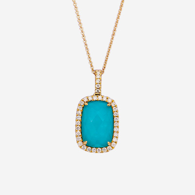 18KT Yellow Gold Clear Quartz Over Turquoise and Diamond Necklace