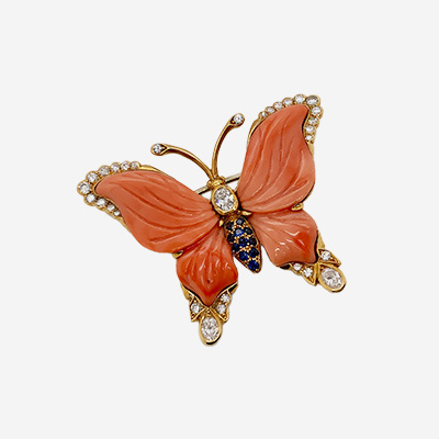 18KT Yellow Gold Coral and Diamond Butterfly Pendant