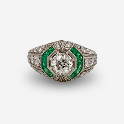 Platinum Euro Center Diamond and Emerald Ring
