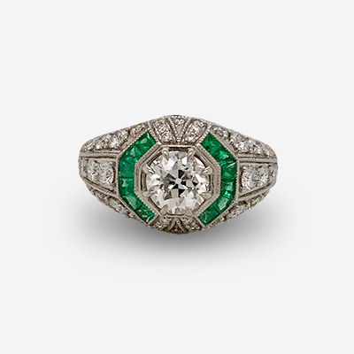 Platinum Euro Center Diamond and Emerald Ring