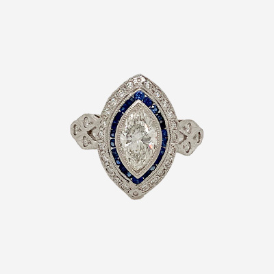 Platinum Marquee Center Diamond and Sapphire Ring