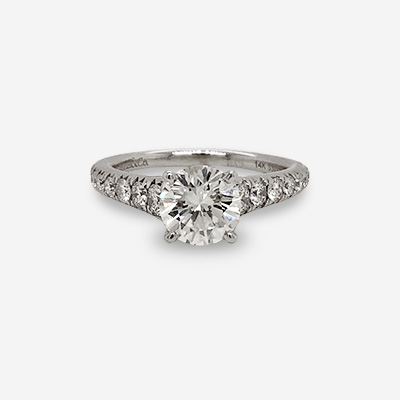 14KT White Gold Round Center Diamond and Side Stones Ring