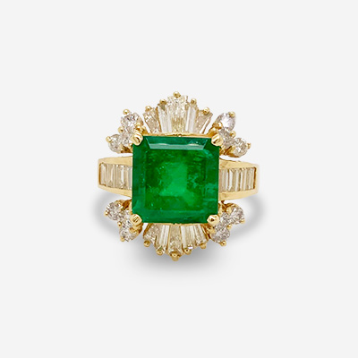 18KT Yellow Gold Emerald Cut Emerald and Diamond Ring