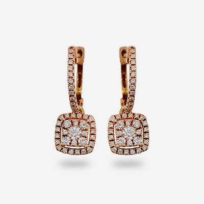 14KT Rose Gold Diamond Square Cluster Dangle Earrings