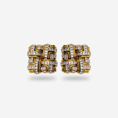 Platinum and 14KT Yellow Gold Square Diamond Earrings