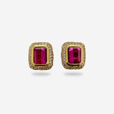 18KT Yellow Gold Bezel Pink Tourmaline and Pave Diamond Earrings