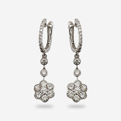 18KT White Gold Diamond Flower Dangle Earrings