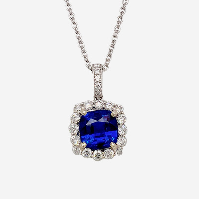 18KT White Gold Cushion-Cut Sapphire and Diamond Halo Pendant