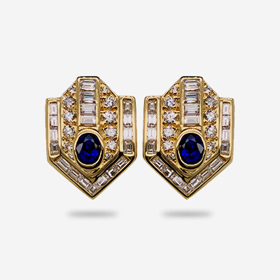 18KT Yellow Gold Bezel Set Sapphire and Diamond Earrings