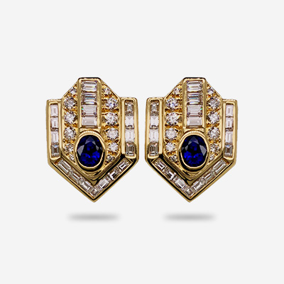 18KT Yellow Gold Bezel Set Sapphire and Diamond Earrings
