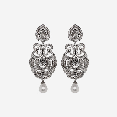 18KT White Gold Topaz Diamond and Pearl Drop Earrings