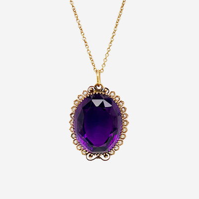 14KT Yellow Gold Oval Amethyst and Seed Pearl Necklace