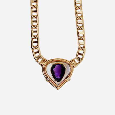 18KT Yellow Gold Pear-Shaped Amethyst Mother of Pearl and Diamond Necklace