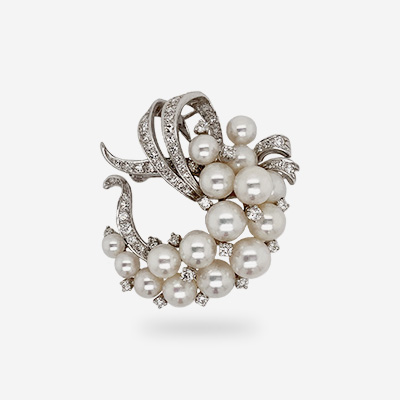 14KT White Gold Pearl and Diamond Pin