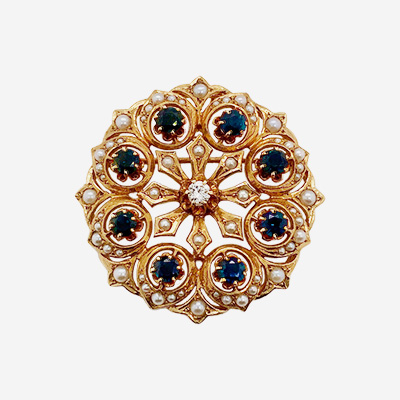 14KT Yellow Gold Sapphire Diamond and Pearl Pin