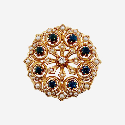 14KT Yellow Gold Sapphire Diamond and Pearl Pin