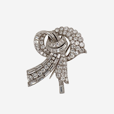 Platinum Baguette and Round Diamond Brooch