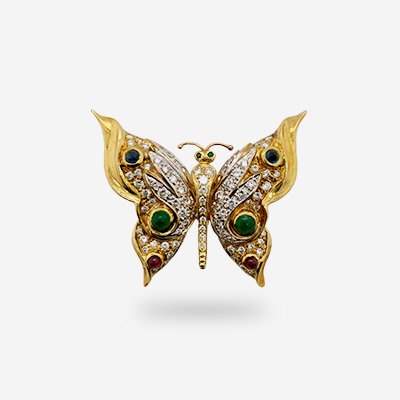 18KT Yellow Gold Ruby, Diamond, Emerald, and Sapphire Butterfly Pin