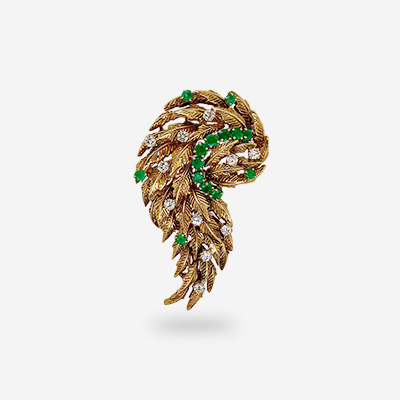 18KT Yellow Gold Diamond and Emerald Leaf Pin