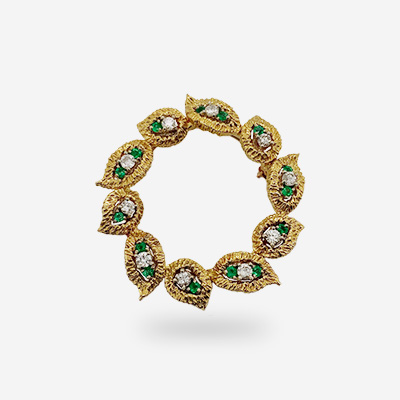 18KT Yellow Gold Diamond and Emerald Leaf Circle Pin