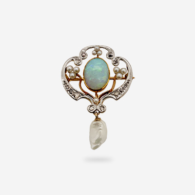 14KT Yellow Gold Opal Pearl and Diamond Pin