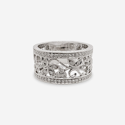 18KT White Gold Wide Flower Band