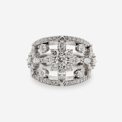 18KT White Gold Open Flower Wide Ring