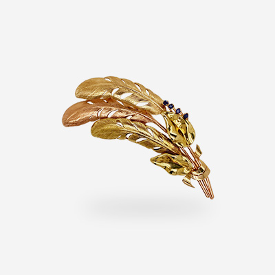 14KT Yellow and Rose Gold Large Feather Sapphire Pin