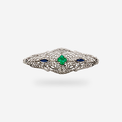 14KT White Gold Emerald and Sapphire Filigree Pin
