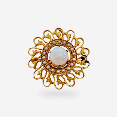 14KT Yellow Gold Opal and Seed Pearl Pin