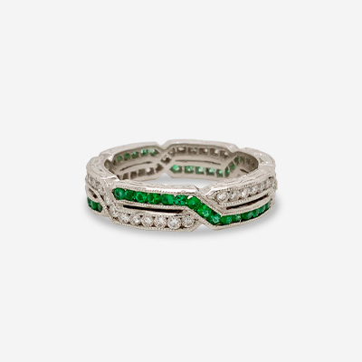 Platinum Twisted Diamond and Emerald Wedding Ring