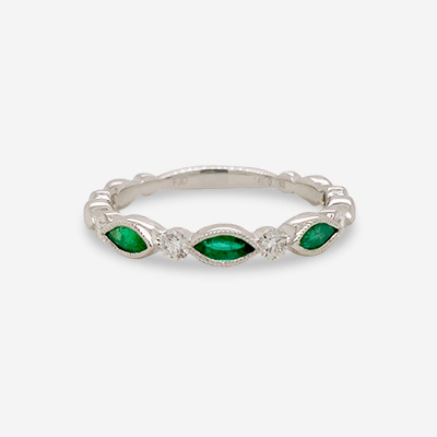 14KT White Gold Marquee Emerald and Diamond Ring