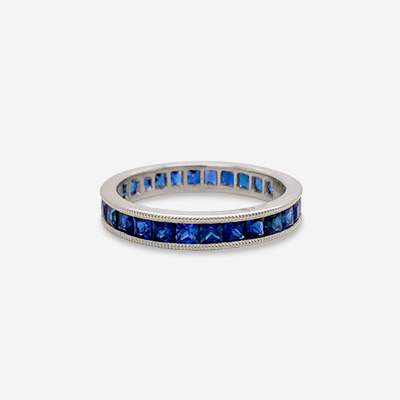 Platinum Square Sapphire Milgrain Channel Set Eternity Ring