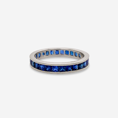 Platinum Square Sapphire Milgrain Channel Set Eternity Ring