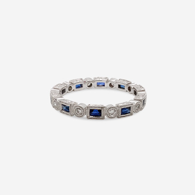 18KT White Gold Round Diamond Square Sapphire Eternity Ring