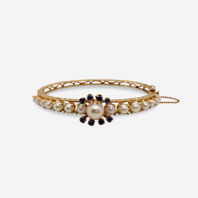 14KT Yellow Gold Pearl and Sapphire Bangle