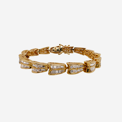 14KT Yellow Gold Double Row Baguette and Round Diamond Bracelet