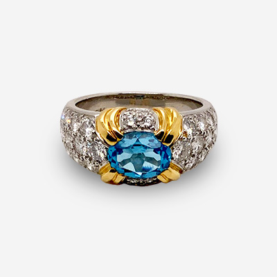 Platinum and 18KT Yellow Gold Blue Topaz and Diamond Ring