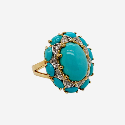 14KT Yellow Gold Oval Turquoise and Diamond Ring