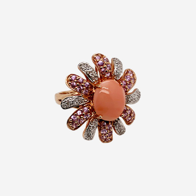 14KT Rose Gold Coral Pink Sapphire and Diamond Ring