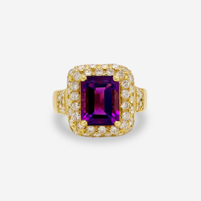 18KT Yellow Gold Emerald-Cut Amethyst and Diamond Ring