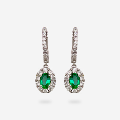18KT White Gold Oval Emerald and Diamond Halo Earrings