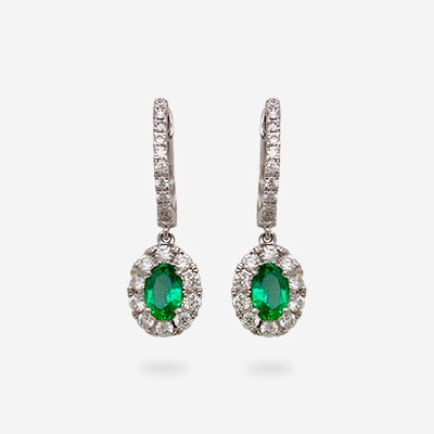 18KT White Gold Oval Emerald and Diamond Halo Earrings