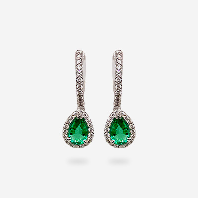 14KT White Gold Pear-Shaped Emerald and Diamond Halo Earrings