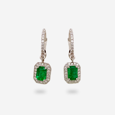 14KT White Gold Emerald-Cut Emerald and Diamond Earrings