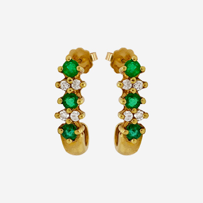 18KT Yellow Gold Emerald and Diamond Half Hoop Earrings