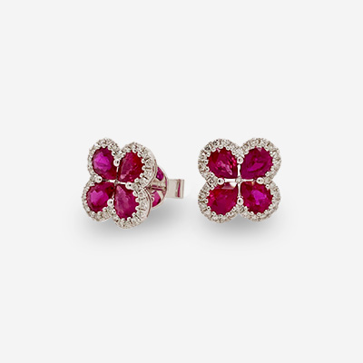 14KT White Gold Pear-Shaped Ruby and Diamond Halo Studs
